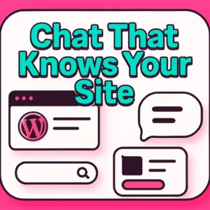 Minimal modern illustration of a WordPress page with a rounded AI chat bubble, search bar, and product card in pink and black color palette.