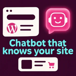 Minimal modern illustration of a WordPress page, chat bubble, and product card on a deep plum background representing a lightweight AI chatbot for WordPress.
