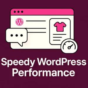 Flat illustration of a WordPress page, chat bubble, product card, and speedometer on a purple background representing a fast AI chatbot for WordPress