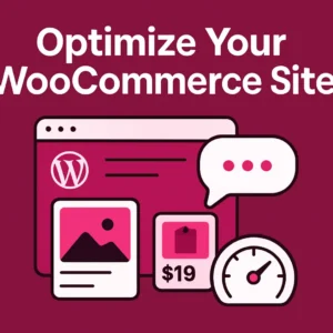 Flat illustration of a WordPress product page, chat/search bubble, product card, and speedometer on a rich maroon background representing fast AI search