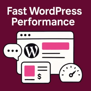 Flat illustration of a WordPress browser window, chat bubble, product card, and speedometer on a magenta background representing a fast AI chatbot for WordPress.
